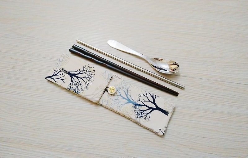 環保餐具收納袋 餐具套 雙層筷袋 櫻花樹 米色款 - 餐具/刀叉湯匙 - 棉．麻 