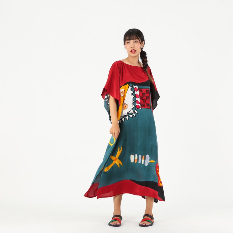 Hand Painted Cotton Silk Kaftan for Summer Resort Vacation Free Size - 洋裝/連身裙 - 棉．麻 紅色