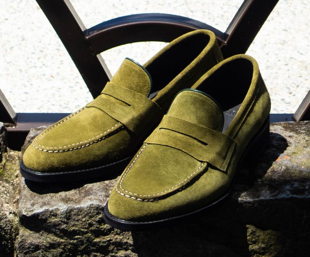 green penny loafers