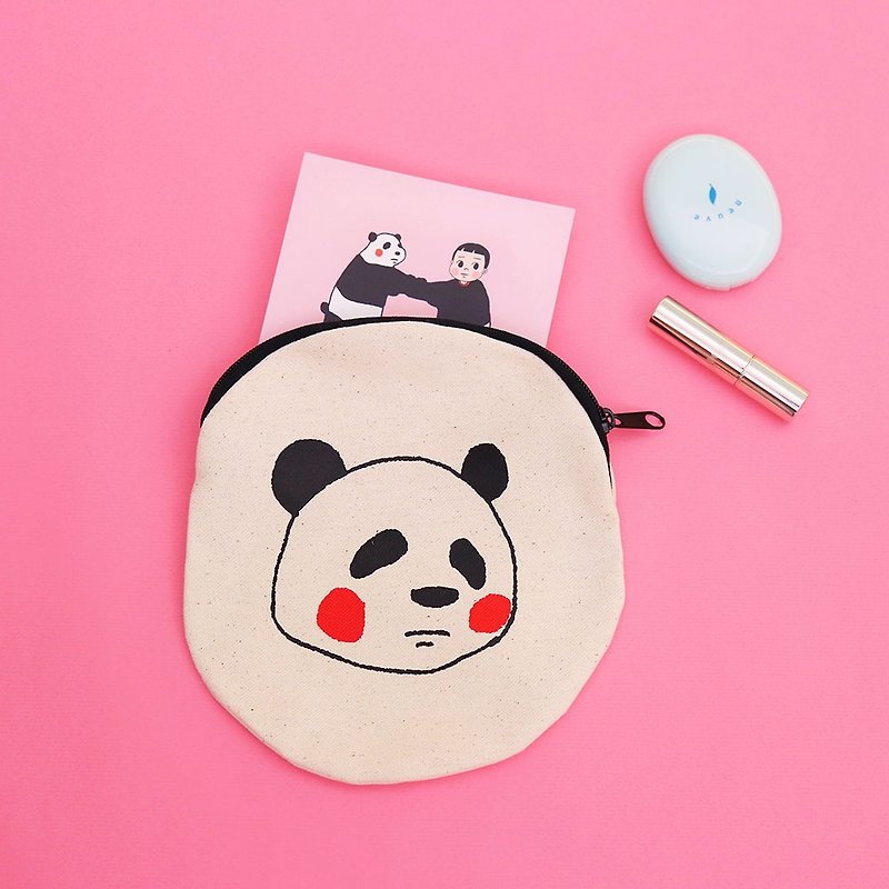 パンダ 熊猫圓圓小物包(斜背繩) / 絹版手工印刷 - 化妝包/收納袋 - 棉．麻 白色