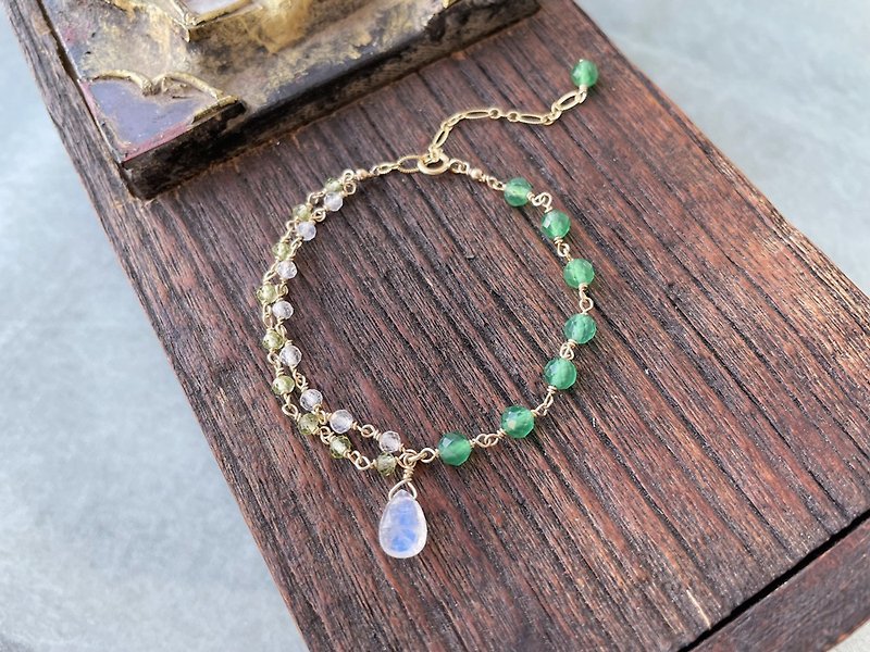//Moon Stone Stone Chrysoprase Bracelet// 14KGF Gold Infused Natural Stone Crystal Handmade - Bracelets - Crystal Green