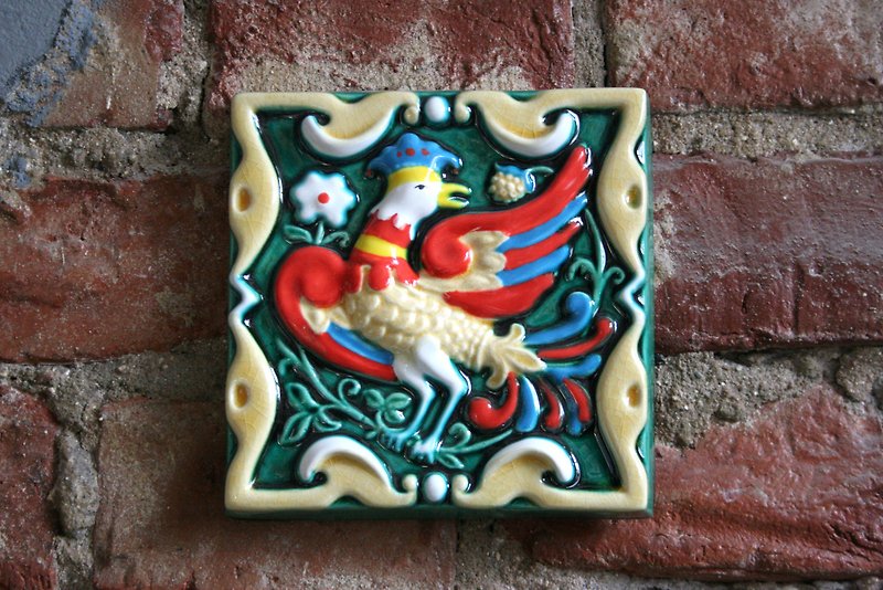 Phoenix ceramic relief tile Wall hanging bird decor Majolica firebird tile - 牆貼/牆身裝飾 - 黏土 多色