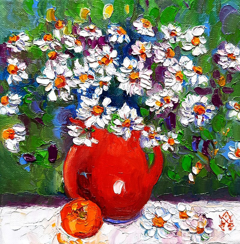 Flowers Painting Daisy Original Art Oil Painting Floral Artwork Oil On Canvas - 海報/掛畫/掛布 - 其他材質 紅色