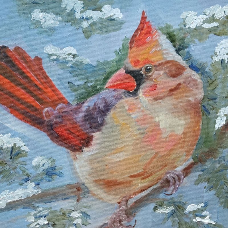 Cardinal bird painting artwork original oil art bird portrate - โปสเตอร์ - วัสดุอื่นๆ หลากหลายสี