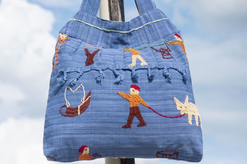手縫純棉布側背包 刺繡托特包 手工刺繡肩背包 手繡包-彩虹動物 - 側背包/斜背包 - 棉．麻 藍色