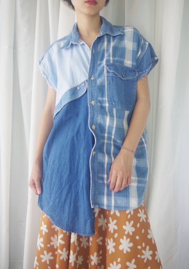 Restyle-Renovation - Color Block Stitching Denim Shirt - เสื้อเชิ้ตผู้หญิง - ผ้าฝ้าย/ผ้าลินิน สีน้ำเงิน