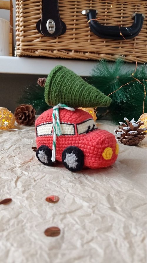 Rizhik_toys Red car with Christmas tree for gift. Holiday toy home decor. New year red car