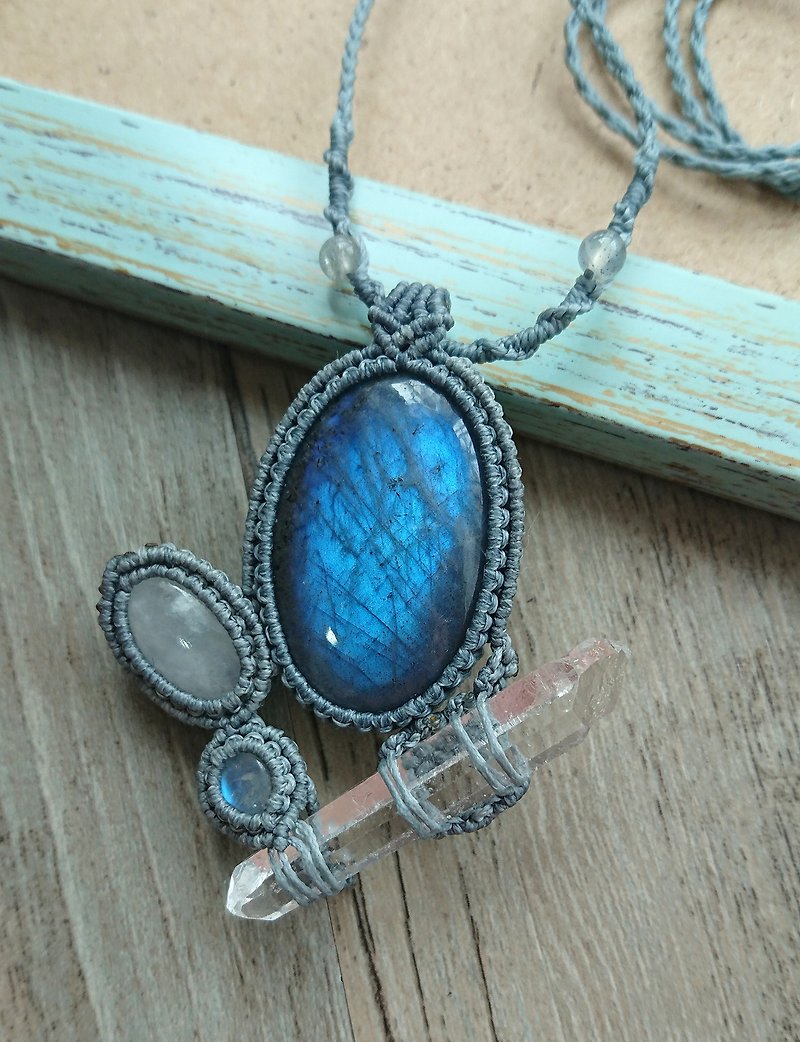 P72-South America wax line braided labradorite moonstone white crystal column necklace - Necklaces - Other Materials Gray