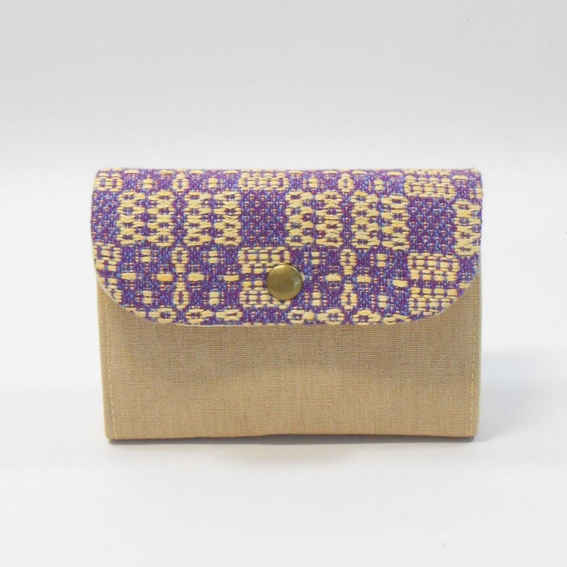 Hand-woven fabric magnetic buckle short clip 04-purple, beige hand-woven fabric x Khaki yellow canvas - กระเป๋าสตางค์ - ผ้าฝ้าย/ผ้าลินิน สีเหลือง