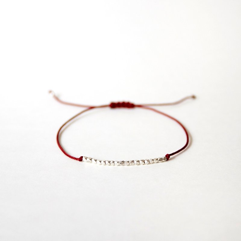 Handmade Tiny 925 Silver Beads with Maroon string bracelet - สร้อยข้อมือ - โลหะ สีเงิน