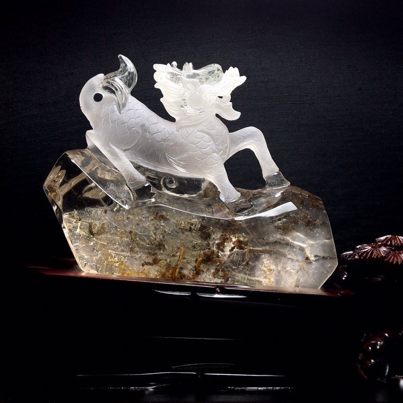 收藏級天然膠花白水晶麒麟擺件 麒麟是祥瑞之獸 吉祥神獸 - 其他 - 水晶 