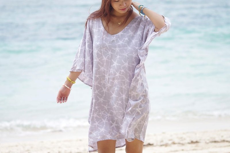 Starfish print butterfly sleeve dress <gray> - One Piece Dresses - Other Materials Gray