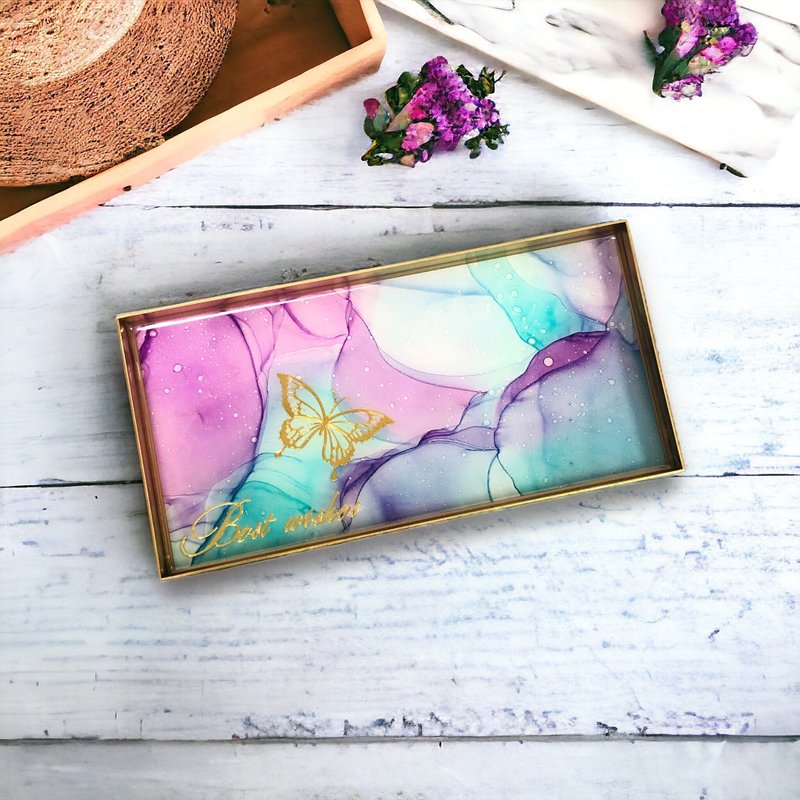 Alcohol Ink Art Gold Brass / Aluminium Tray -  Butterfly Best Wishes - ของวางตกแต่ง - โลหะ หลากหลายสี