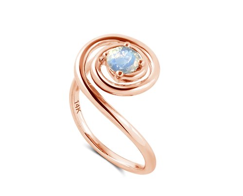 Majade Jewelry Design 月光石螺旋求婚戒指 14k玫瑰金獨特結婚戒指 極簡另類訂婚指環