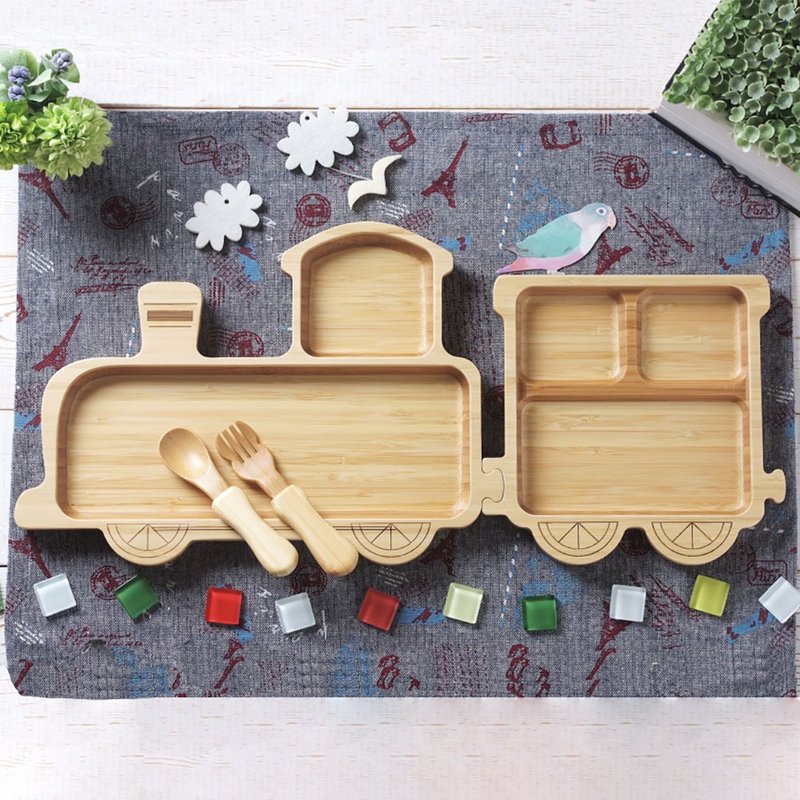 【agney】Japanese Mengzong bamboo dinner plate set-train set (with S soup fork) - Children's Tablewear - Bamboo Orange