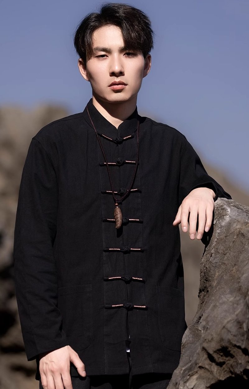 中式復古 撞色盤扣唐裝 中國風長袖襯衫 - 男襯衫/休閒襯衫 - 其他材質 黑色