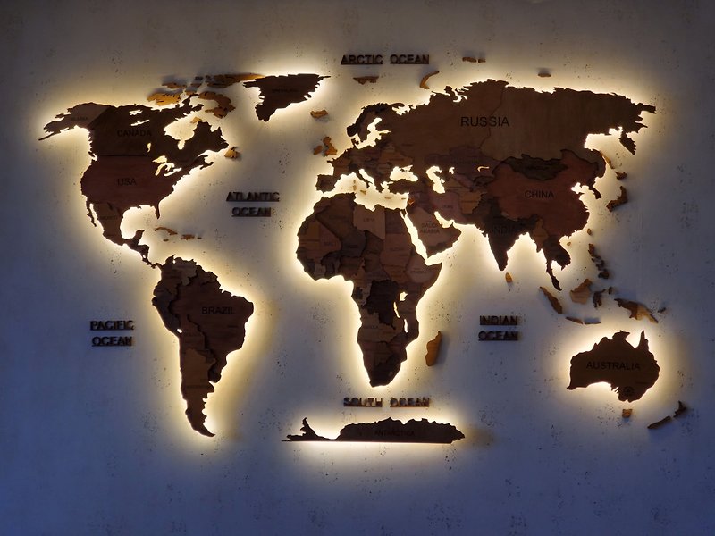 3D wood world travel map with LED - Rustic wall decor for home and office - 壁貼/牆壁裝飾 - 木頭 咖啡色