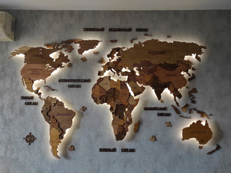 3D wood world travel map with LED - Rustic wall decor for home and office - 壁貼/牆壁裝飾 - 木頭 咖啡色