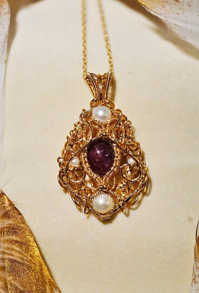 Pure handmade 14k gold wrapped thread starry ruby retro necklace - สร้อยคอ - เครื่องเพชรพลอย หลากหลายสี