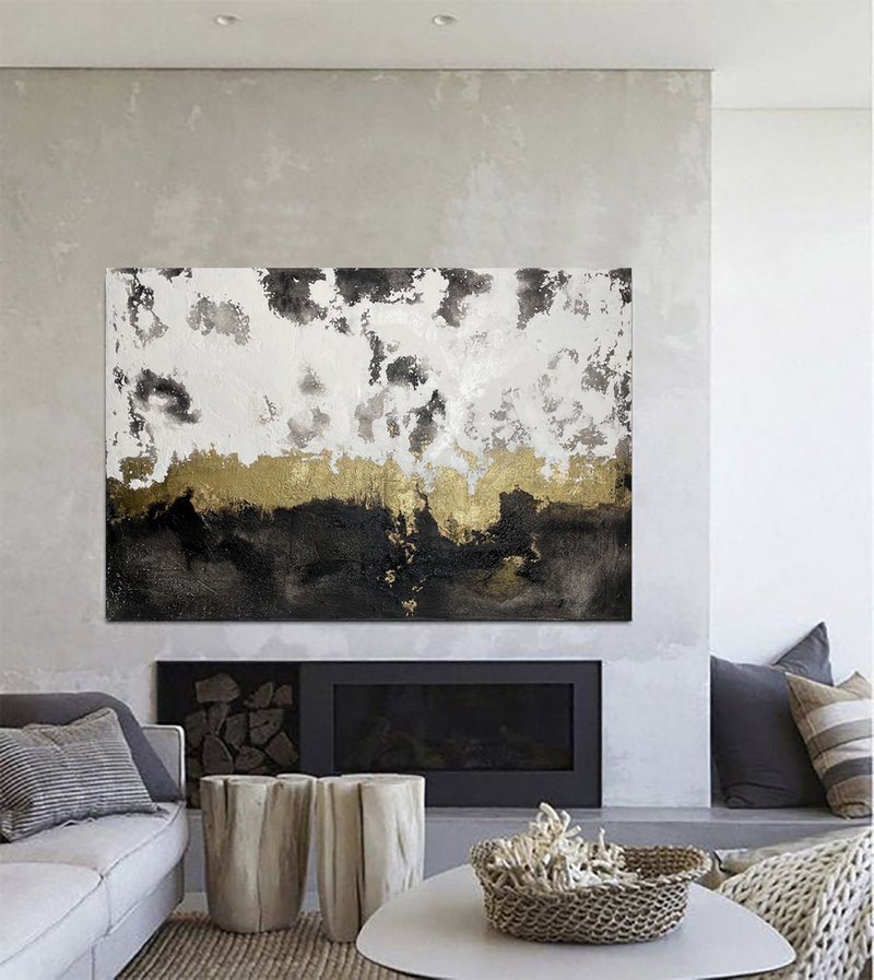 畫 走廊掛畫 Wall decor Art Abstract Golden textured painting  抽象畫 掛畫 - ตกแต่งผนัง - วัสดุอื่นๆ ขาว