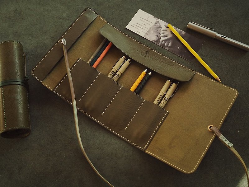Multifunctional pencil bag, painting tool bag, pen curtain, pen roll, pure handmade cowhide, customized engraving gift customization - กล่องดินสอ/ถุงดินสอ - หนังแท้ หลากหลายสี