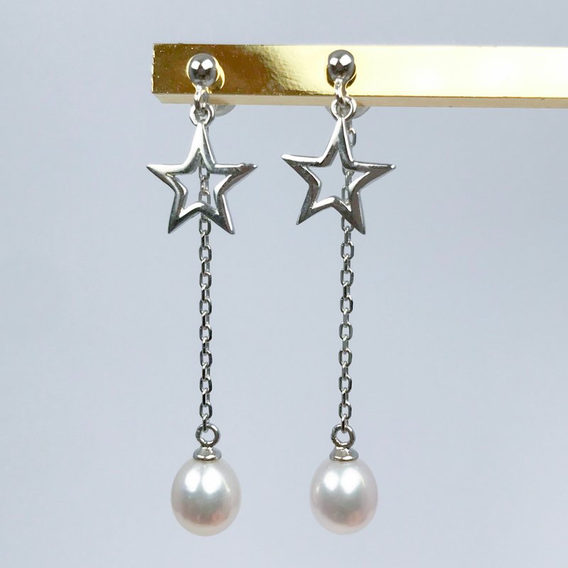 Twinkle Star Genuine Freshwater White Oval Pearls 925 Silver Dangle Long Earring - Earrings & Clip-ons - Pearl White