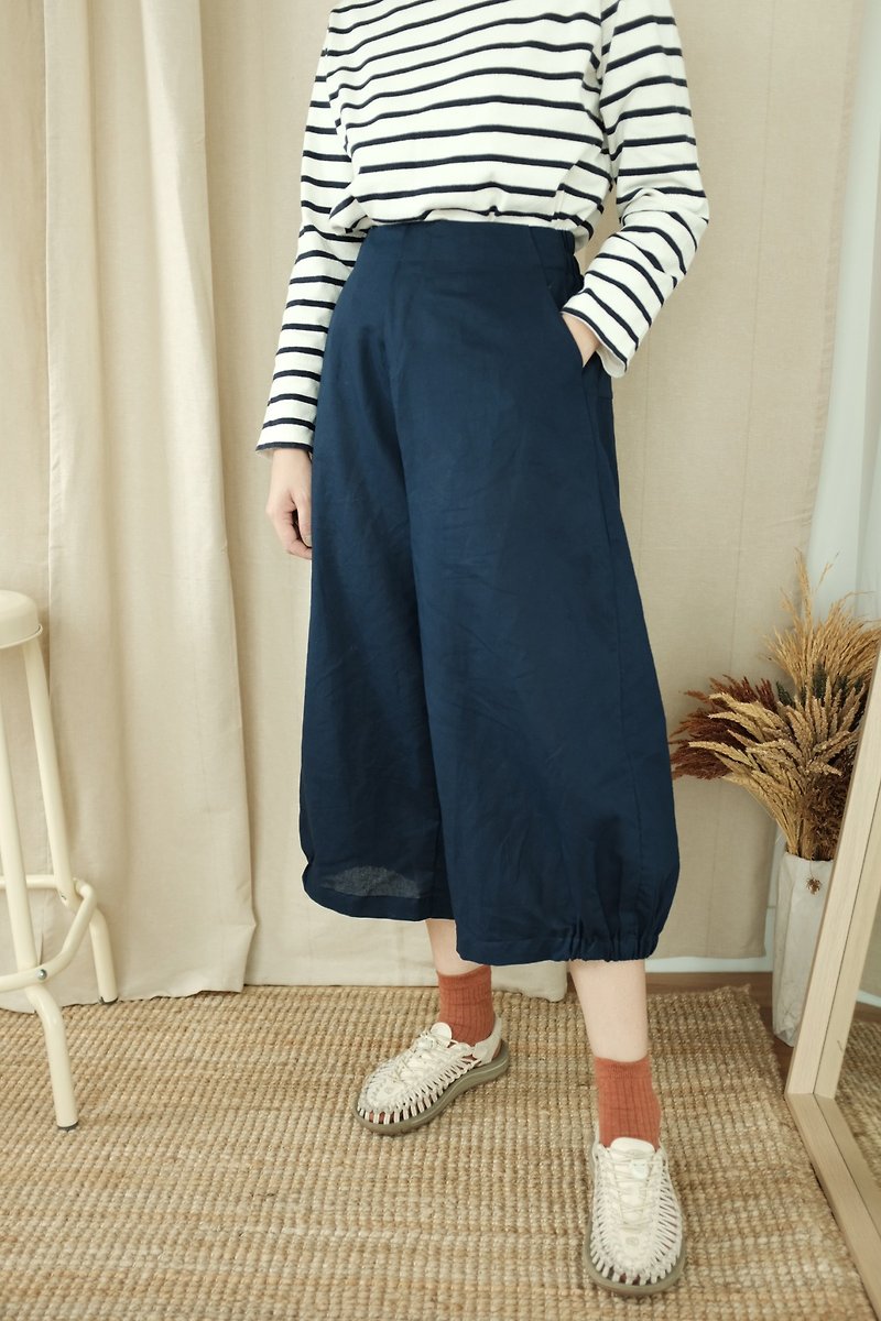 WHITEOAKFACTORY Momo loose pant - Navy linen trousers - กางเกงขายาว - ผ้าฝ้าย/ผ้าลินิน สีน้ำเงิน