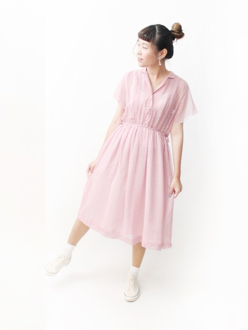 【RE1004D1396】 early autumn Japanese retro sweet little geometric little pink short-sleeved ancient dress - ชุดเดรส - เส้นใยสังเคราะห์ สึชมพู