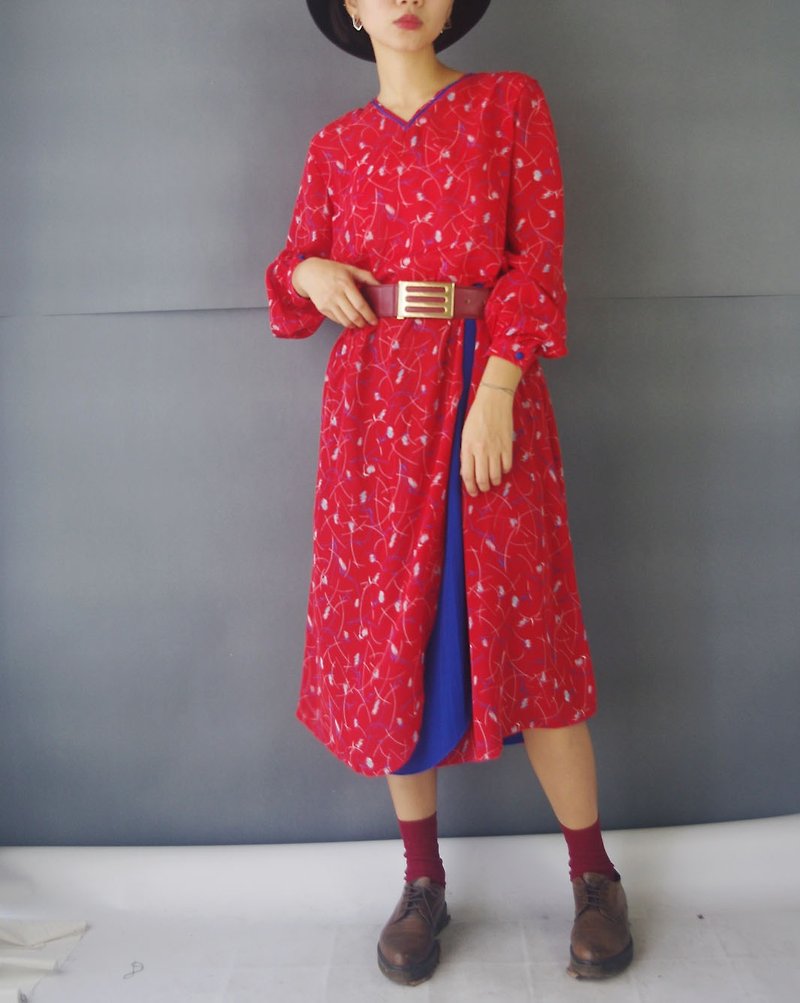 Treasure Hunting Vintage - Red and Blue with Chiffon V-neck Vintage Dress - One Piece Dresses - Polyester Red