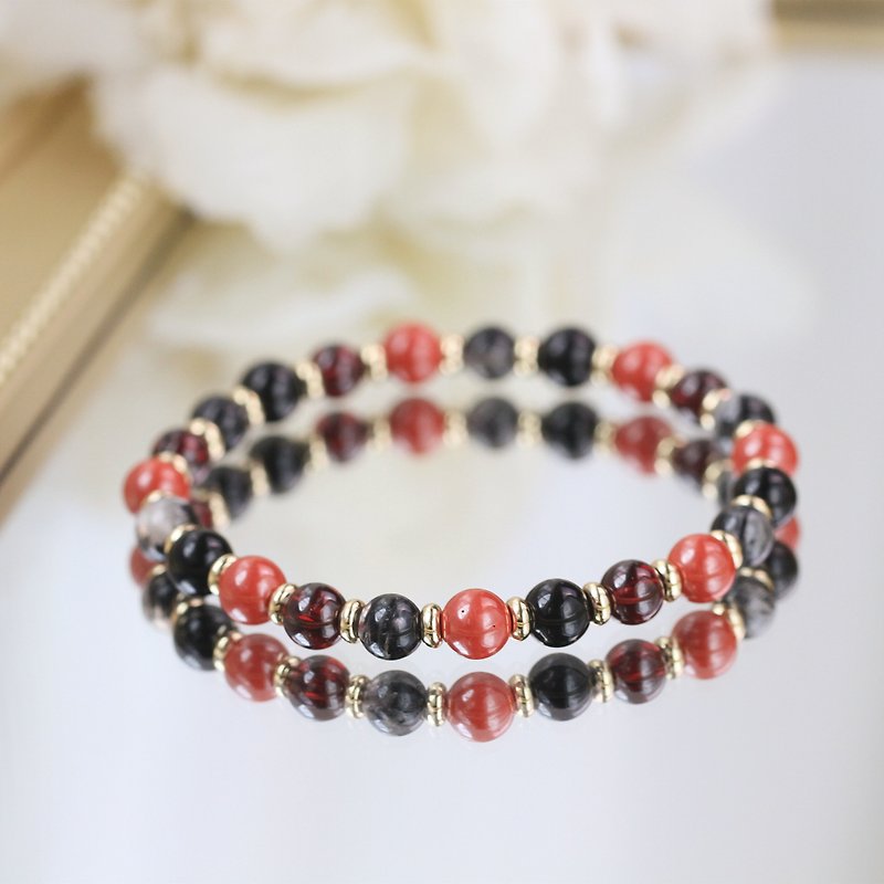 Purple gold cinnabar Stone obsidian black hair crystal to avoid evil and protect body into Taisui crystal bracelet 6mm - Bracelets - Crystal Red