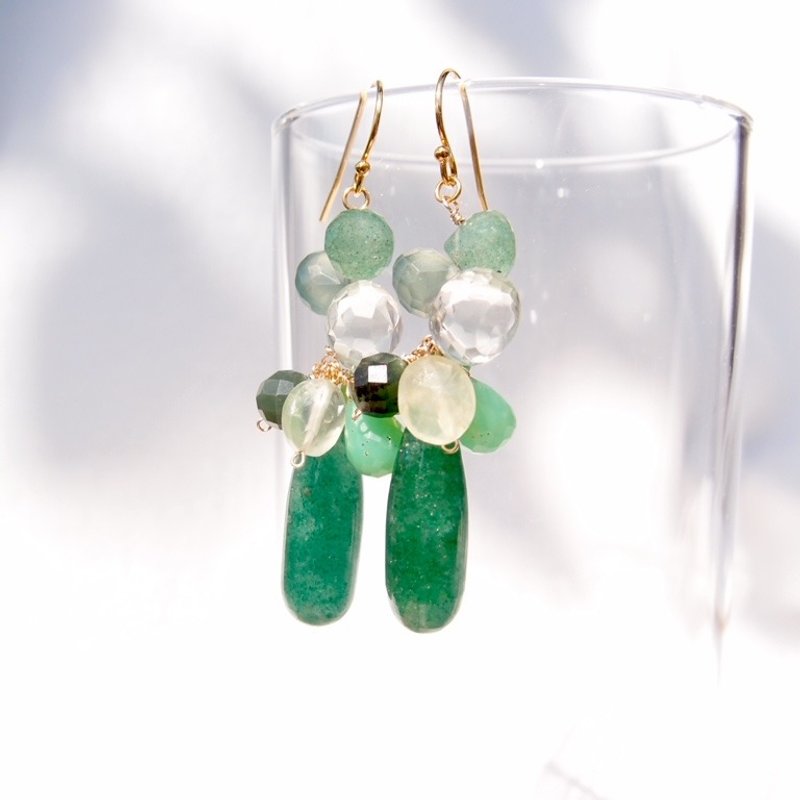 【K14gf】Aventurine Drop Earrings アベンチュリン 雫 Mixピアス - 耳環/耳夾/耳骨夾 - 寶石 綠色