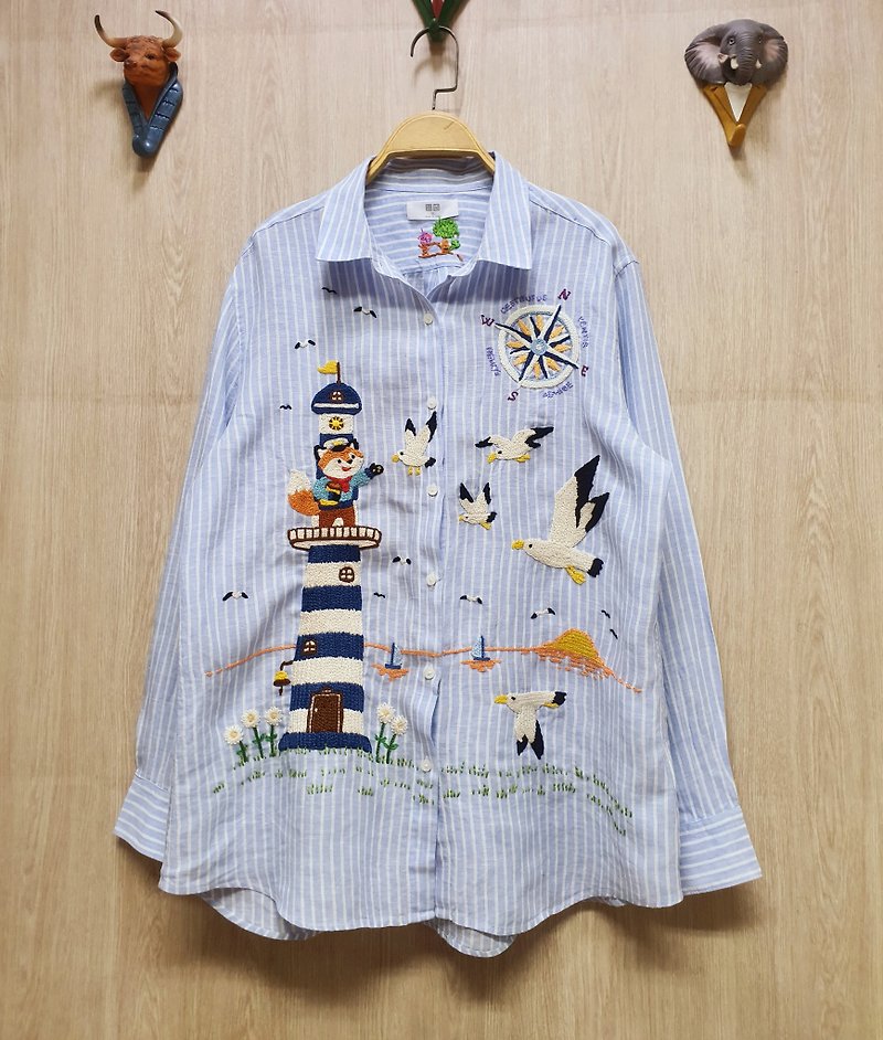 Hand Embroidery Shirt, Linen, Lighthouse, Fox, Ship, Ocean, Sea - Women's Tops - Thread Blue