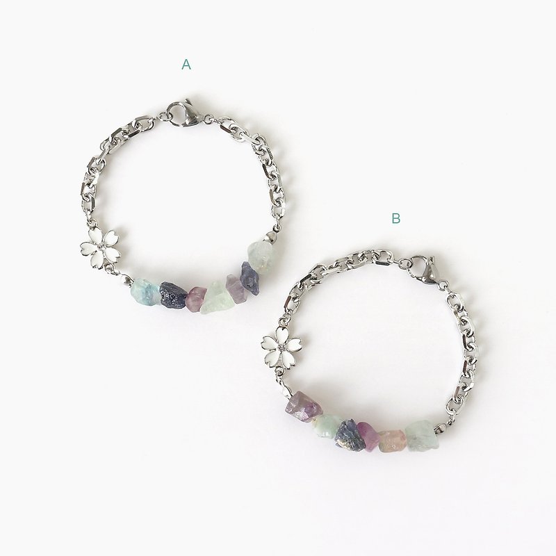 Rainbow Fluorite Raw Stone Bracelet with White Cherry Blossom Connector - สร้อยข้อมือ - หิน หลากหลายสี
