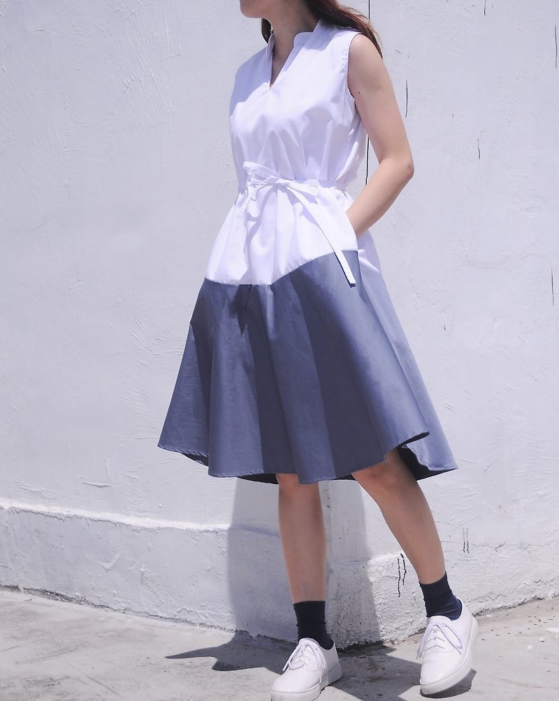 TAKE-Two tone V neck adjustable sleeveless dress - One Piece Dresses - Cotton & Hemp Blue