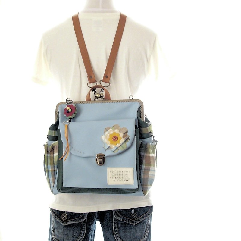 3 WAY Right zipper compact backpack Full set check Flower soda blue × green - Backpacks - Genuine Leather Blue