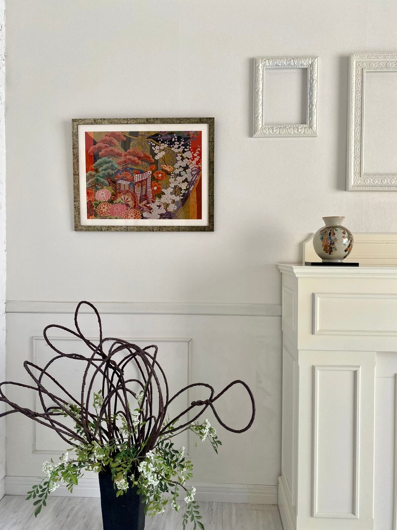 きものアート　vintage 和モダン アートパネル 和風インテリア 梅 プレゼント 結婚祝 新築祝 長寿祝 縁起物 050 made in japan - ウォールデコ・壁紙 - シルク・絹 ゴールド