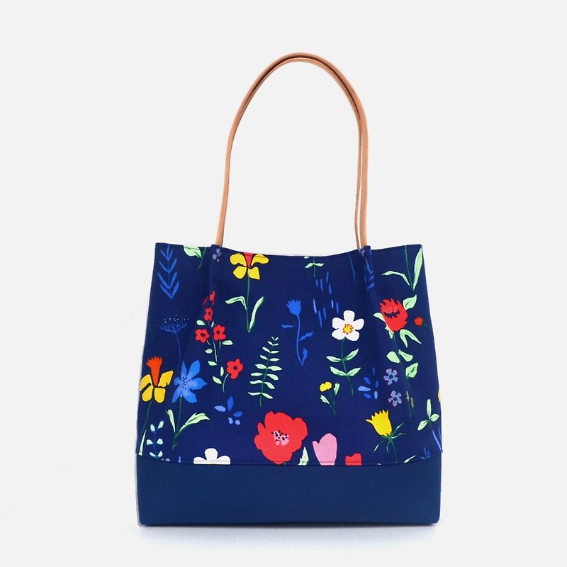Plockade full bloom tote bag/shoulder bag/handbag handmade canvas - กระเป๋าแมสเซนเจอร์ - ผ้าฝ้าย/ผ้าลินิน สีน้ำเงิน