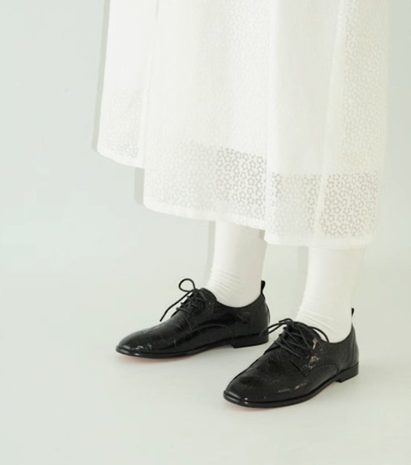 French retro hand-made metal leather flat Oxford shoes - รองเท้าอ็อกฟอร์ดผู้หญิง - หนังแท้ สีดำ