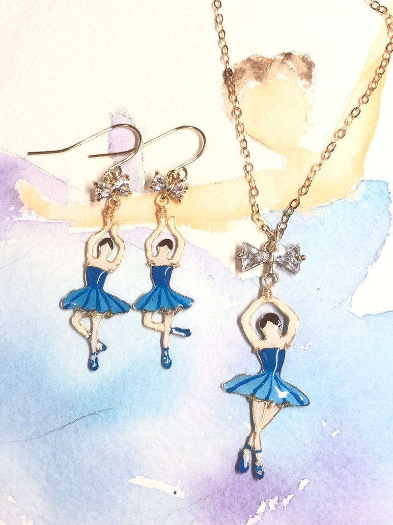 14kgf Elegant Ballerina Necklace and Earring Set/Sapphire Blue - สร้อยคอ - โลหะ สีน้ำเงิน