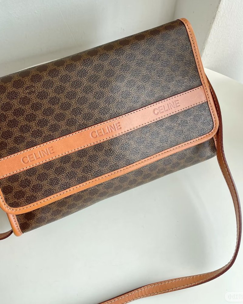 An elegant autumn muse's vintage Céline Macadam shoulder bag, embodying a French-Oriental aesthetic. - Messenger Bags & Sling Bags - Genuine Leather Brown