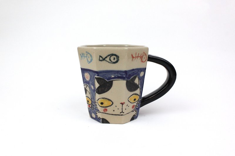 Nice Little Clay octagonal mug cute cat 01063-6 - Mugs - Pottery White