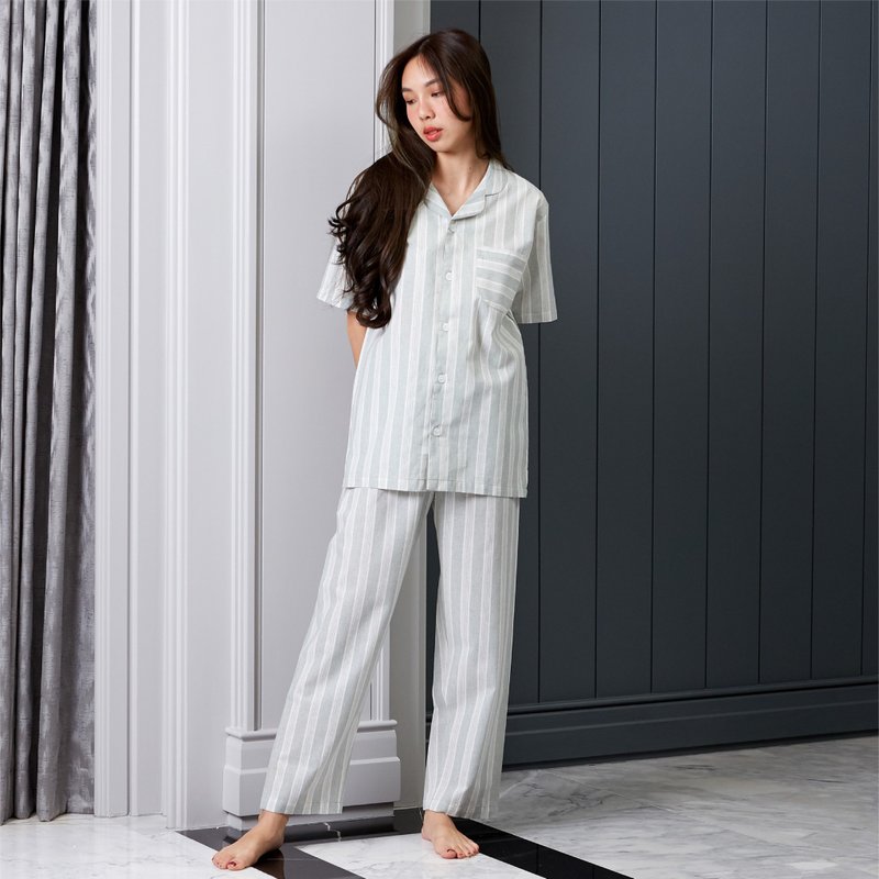 半袖と長脚のリネンパジャマ - 部屋着・寝巻き - フラックス グリーン