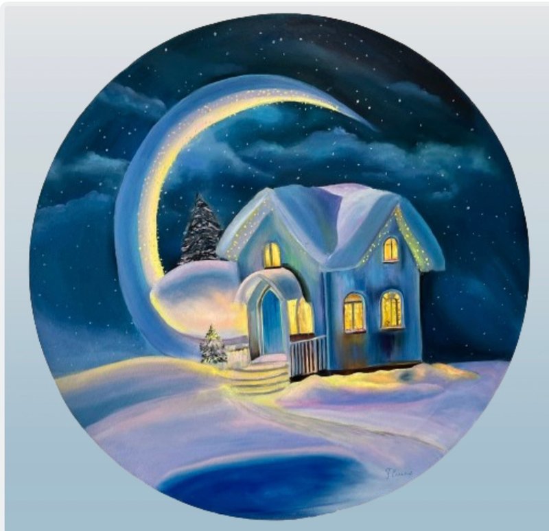 Painting. Oil on canvas. Christmas house - 壁貼/牆壁裝飾 - 棉．麻 藍色