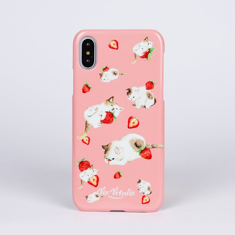 [Fruit Action Series] Cat Strawberry Phone Case - Phone Cases - Plastic Pink