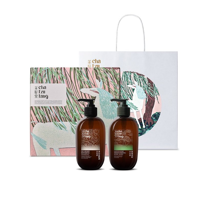 茶籽堂 胭脂馬版畫禮盒 - 飯店經典雙入組(桑白皮修護/荷葉清舒) - 洗髮精/餅/皂 - 植物．花 