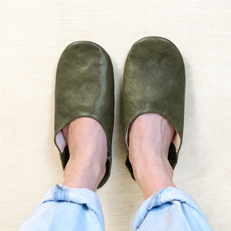 【Babouche】Olive - Round/Morocco - Indoor Slippers - Genuine Leather Green