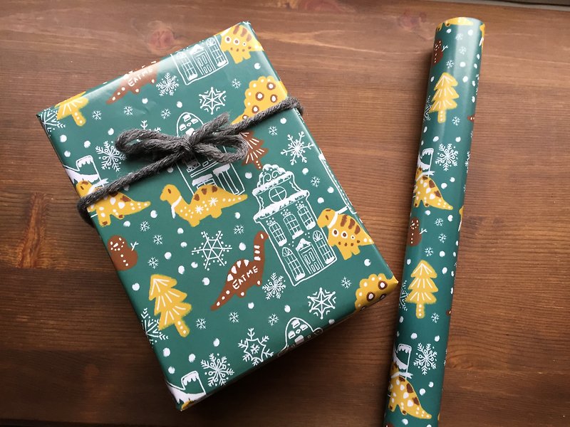 Gingerbread Little Dinosaur Christmas Wrapping Paper Dinosaur Wrapping Paper Set of 5 - Wood, Bamboo & Paper - Paper Green