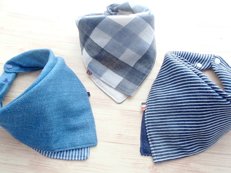 Baby Bib, Set of 3, Baby Bandana Bib, Reversible, Japanese Double Gauze, 口水巾 - 圍兜/口水巾 - 棉．麻 藍色