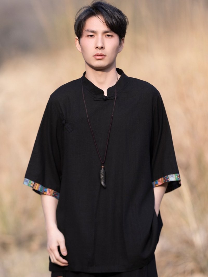 新中式復古 亞麻短袖T恤 中國風唐裝 - 男襯衫/休閒襯衫 - 其他材質 黑色
