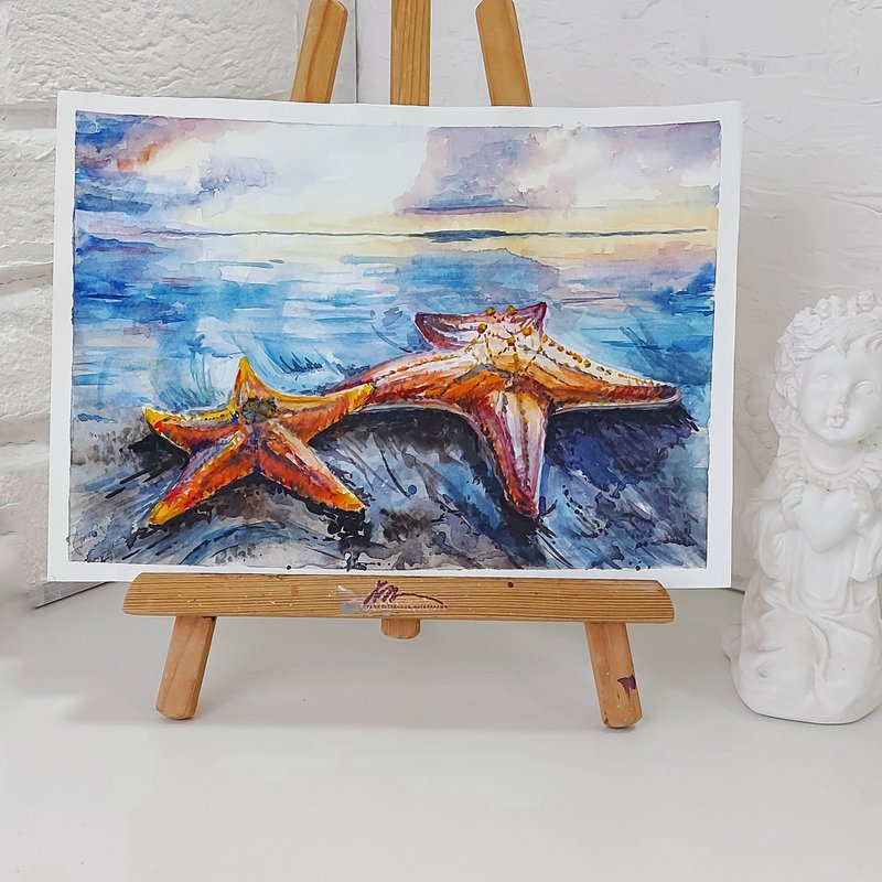 Sea Watercolor Art Starfish Original Painting Seascape Wall Painting - โปสเตอร์ - กระดาษ สีน้ำเงิน